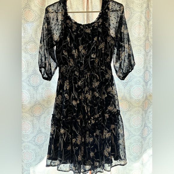 Dresses & Skirts - Navy floral dress w/ sheer sleeves,worn on shoulders, smocked waist w/tie